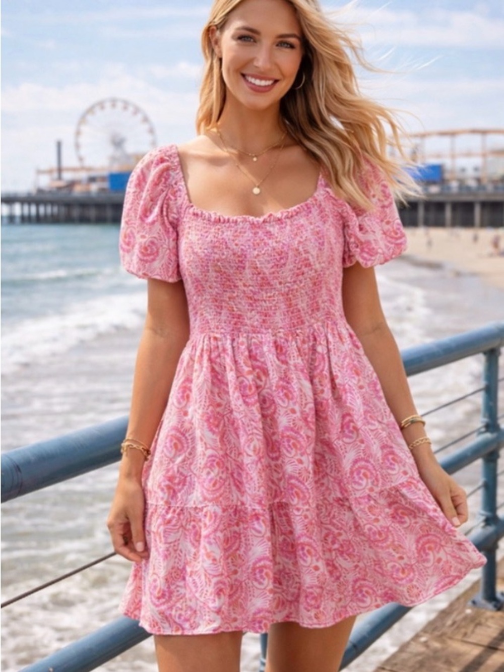 J. Crew Pink Puff-sleeve smocked mini dress in dandelion swirl XXS 🌷